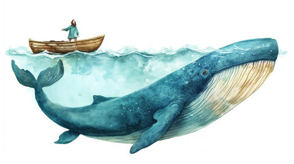 Fototapeta premium watercolor illustration of Jonah and whale on white background
