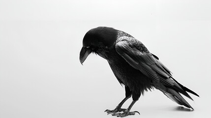 Fototapeta premium A sleek raven standing still on a white background with copy space, feathers glossy black