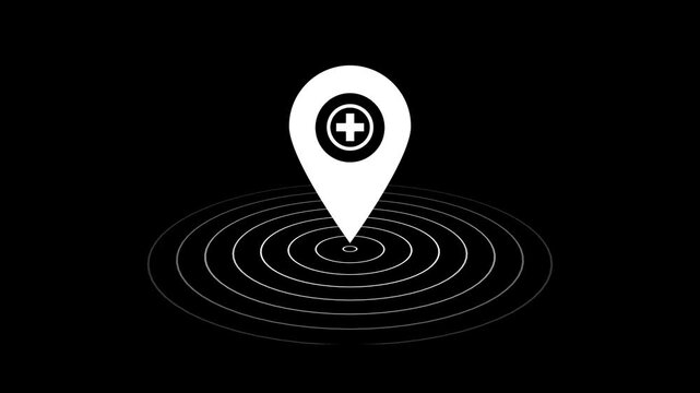 Location icon showing hospital location icon animation on black background.
