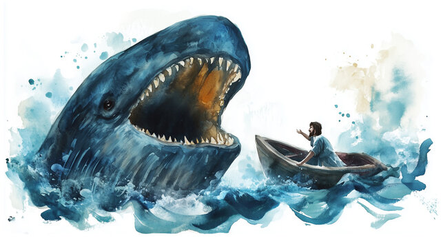 watercolor illustration of Jonah and whale on white background