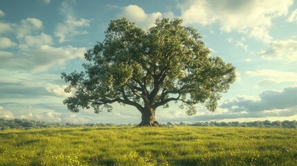 Fototapeta premium A Single Oak Tree Standing Tall in a Lush Meadow Under a Cloudy Sky