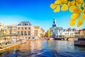 Leiden old town with canals in Netherlands