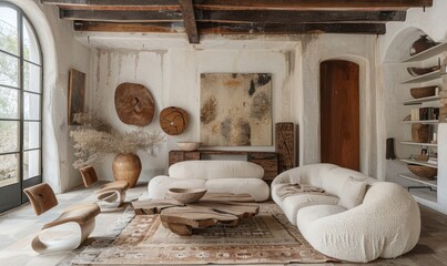 Wabi sabi style home living room with vintage furniture in a neutral palette