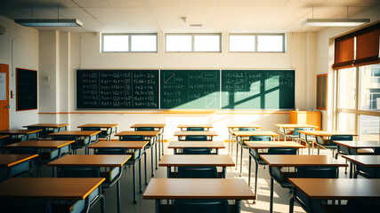 A bright classroom setting with rows of desks, a chalkboard filled with equations, and sunlight streaming through large windows, creating a warm and inviting atmosphere