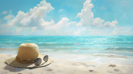 hat and sunglasses on the beach