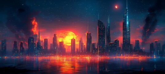 Fototapeta premium Spectacular nighttime in cyberpunk city of the futuristic fantasy world features skyscrapers, flying cars, and neon lights. Digital art 3D illustration. Acrylic painting.
