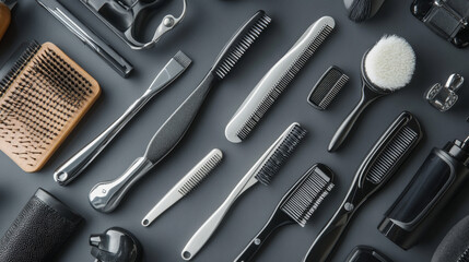 Fototapeta premium “Flat lay of a set of barber tools for haircut arranged on a gray background. Includes items such as scissors, combs, clippers, and razors, presented in a clean and organized manner.”
