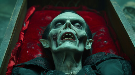 Dracula vampire sleeping in his coffin