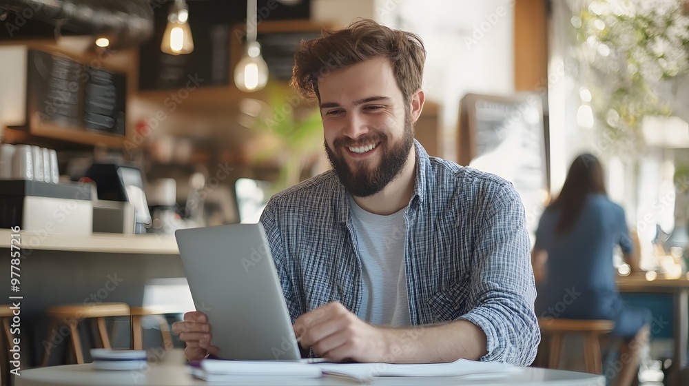 Poster bearded man smiling while using a tablet in a cafe