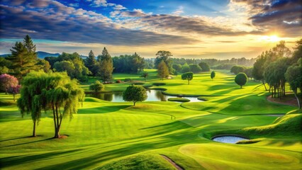 Naklejka premium A serene and picturesque golf course with rolling green fairways and lush trees