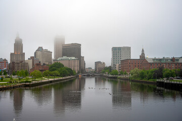 Downtown cityscape viewed from above the Providence River. Providence skyline
