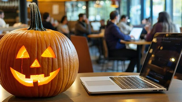 Glowing pumpkin sits on a table in a busy cafe, adding spooky charm to the modern setting as people work on laptops