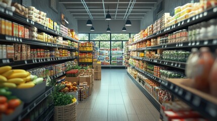 Fototapeta premium Neatly arranged supermarket aisle, well-lit, variety of groceries, clean atmosphere.