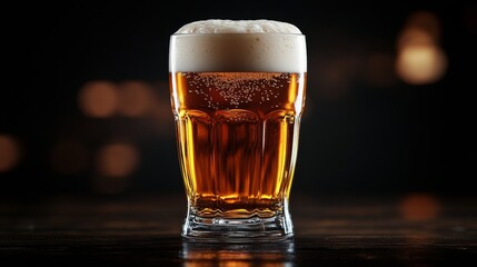 A cold glass of craft beer with foam served against a dark background in a cozy pub atmosphere