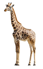 Fototapeta premium Giraffe Standing Tall on White Background Displaying Long Neck and Distinctive Patterned Coat, Cutout, Isolated on White Background