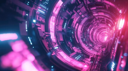Futuristic Neon Tunnel with Abstract Sci-Fi Elements and Glowing Pink Lights