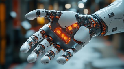 A futuristic robotic hand showcasing advanced technology in an industrial setting five years into the future, highlighting innovation and progress in artificial intelligence