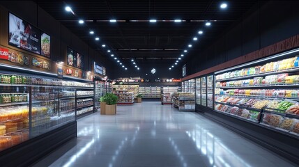 Expansive aisle, frozen foods, dairy products, bright lights, well-organized layout.