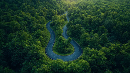 Asphalt road in a green forest. Photo from above.