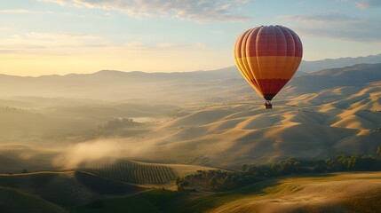 Obraz premium A family taking a hot air balloon ride over rolling hills floating peacefully in the sky as they admire the breathtaking views below.