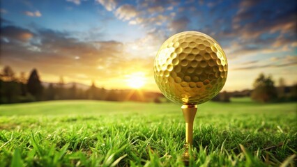Gold golf ball on tee on luxurious grass field in rendering