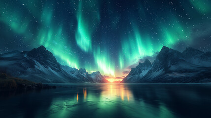 Aurora borealis in a mountainous area. Night. Professional photo.