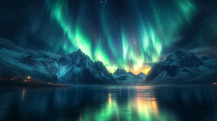 Naklejka premium Aurora borealis in a mountainous area. Night. Professional photo.