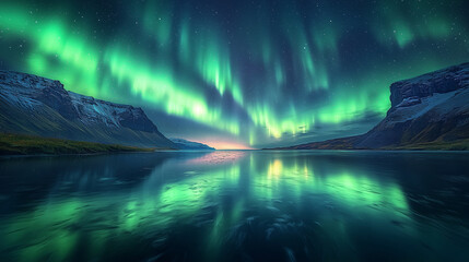 Aurora borealis in a mountainous area. Night. Professional photo.