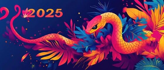 Obraz premium Vibrant 2025 Tropical Snake with Colorful Foliage, Modern Illustration Design