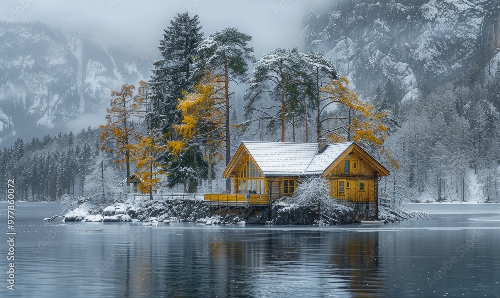 Aufkleber cabin on an island on a frozen lake with trees and snowy pine forest in the background on a cloudy d