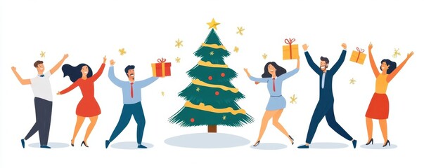 Happy business team celebrating Christmas and New Year, dancing around the Christmas tree with gifts on a white background Generative AI