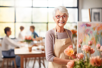 In the art class, a group of senior woman gathers around easels, expressing their creativity through painting and drawing.