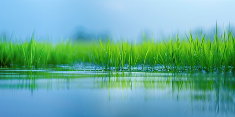 Fototapeta premium A lush green rice paddy field in Asia, reflecting traditional farming methods and the beauty of rural landscapes.