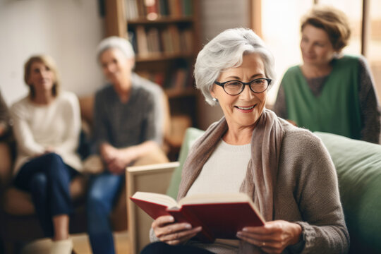 In the cozy comfort of home, a group of senior women gathers for their book club meeting, sharing smiles and lively conversation over their latest literary discovery.