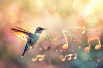 Naklejka premium bird, singing a melodious tune with musical notes floating around it, set against a dreamy, bokeh background