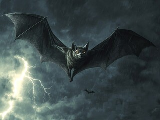Naklejka premium A Black Bat Soaring Through a Stormy Sky