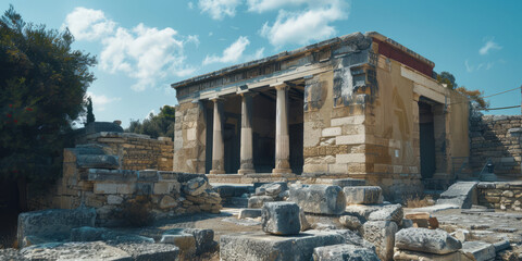 Fototapeta premium Exploring the majestic ruins of Knossos, where ancient columns stand tall amidst weathered stone, reflecting the splendor of Minoan culture in a serene landscape