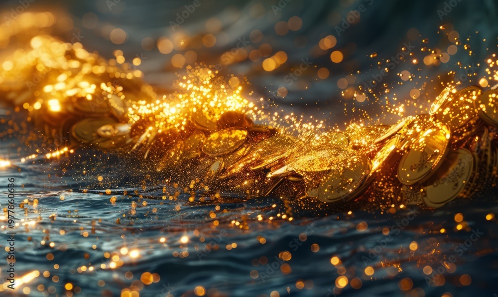 Poster create an image of gold coins rushing in waves, as realistically as possible