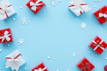 Fototapeta premium Modern minimalist design red and white gift boxes with bows on blue background with snowflakes