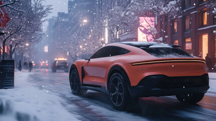 Fototapeta premium Sleek Orange Sports Car Driving Through Snowy Urban Street at Night