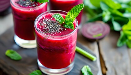 Vibrant beetroot smoothies adorned with fresh mint leaves, embodying healthy living and refreshing summertime indulgence