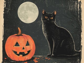 A Black Cat and a Jack-o'-Lantern Under a Full Moon