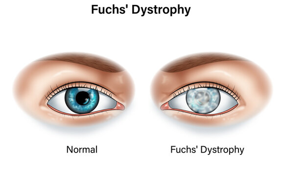 Comparative Science Vector Illustration of Normal vs. Fuchs' Dystrophy Eye Condition: Exploring Corneal Health, Symptoms, and Visual Impact for Enhanced Understanding