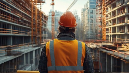 Fototapeta premium A civil engineer stands looking at the construction site.