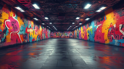 Graffiti wall with colorful street art and urban graffiti background. Graffitied urban backdrop...