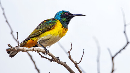 Fototapeta premium A vibrant sunbird perched on a twig on a white background with copy space, shimmering iridescent feathers