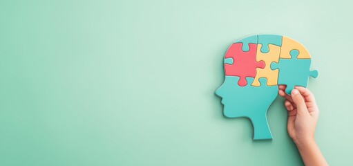 A child's hand connects colorful puzzle pieces in a puzzle head shape on a pastel green background, symbolizing creativity, decoration, and minimalism in an engaging flat lay design