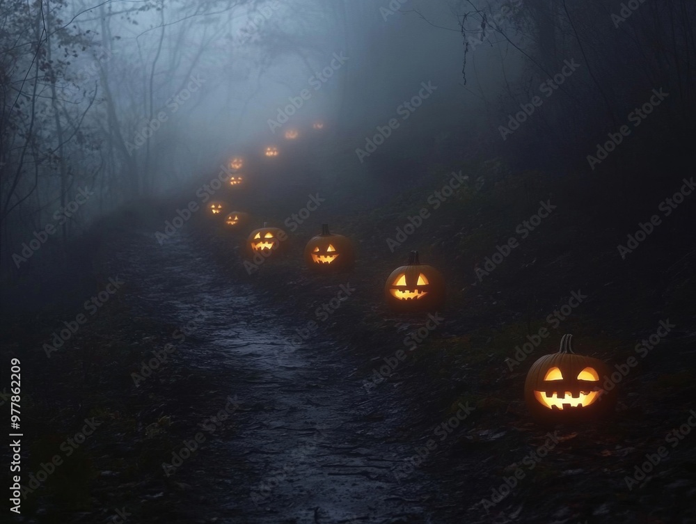 Poster a line of jack-o'-lanterns leading into a foggy forest path