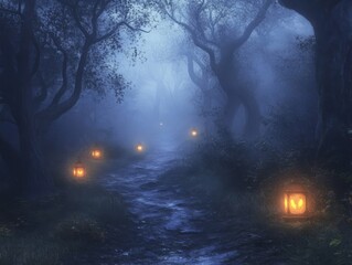 Obraz premium A Foggy Forest Path Lit by Lanterns