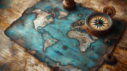Fototapeta premium Old vintage nautical compass and map background banner with a grunge effect, faded elements, antique weathered style, ancient world map, old writing
